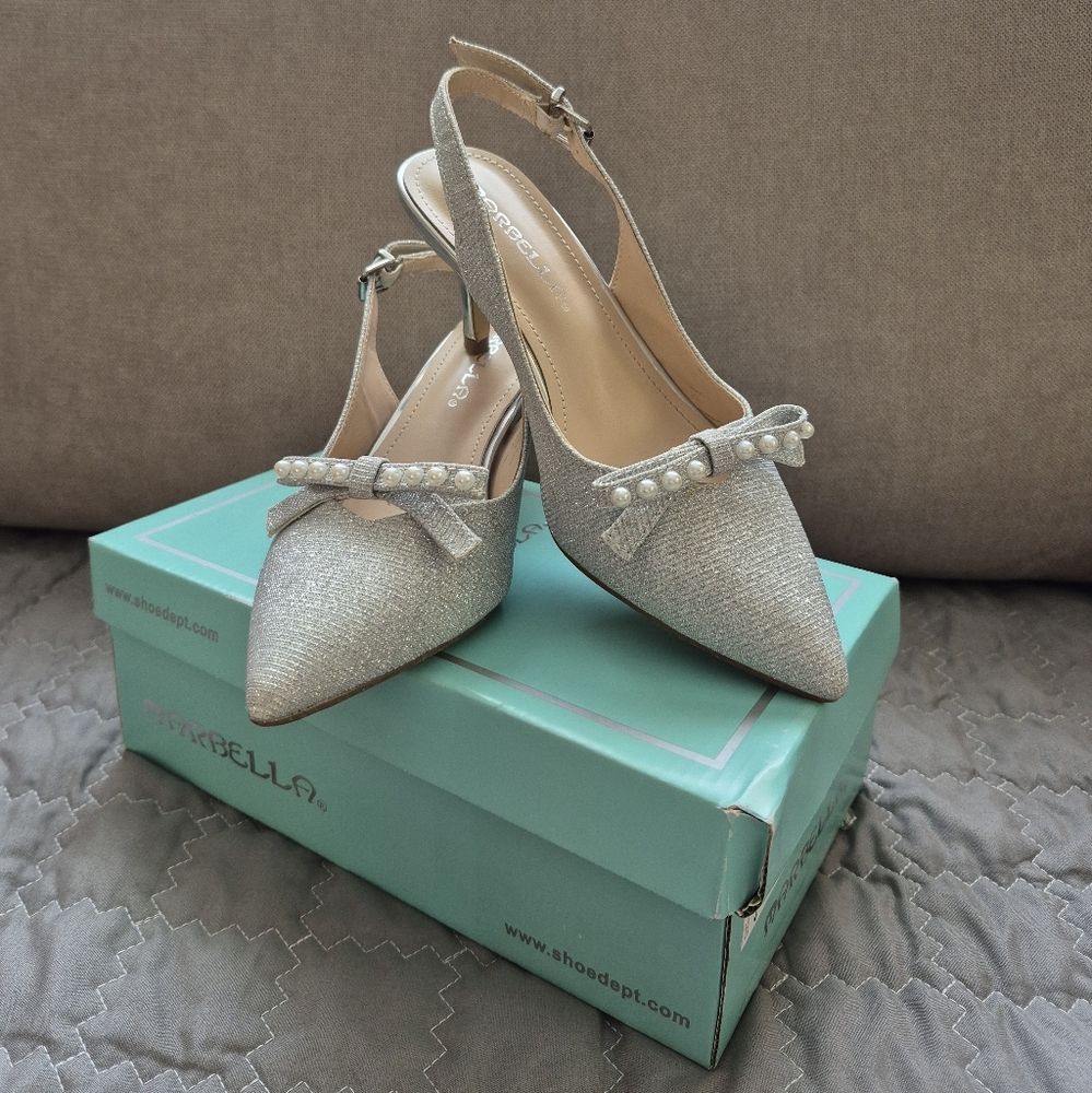 Silver Slingback Heels with Pearl Detail